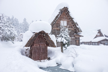 Famous traditional gassho-zukuri farmhouses in Shirakawa-go village, Japan.In the winter all village are covered with snow.