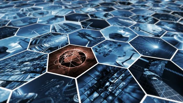 Animated image wall in honeycomb pattern connecting the world. 3D rendering 4K