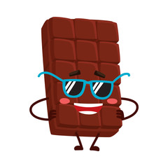 Cool, funny chocolate bar character in funky sunglasses, standing with arms akimbo, cartoon vector illustration isolated on white background. Funky chocolate character, mascot, emoticon in sunglasses