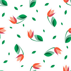 Spring seasonal seamless background of vector tulips and green petals.