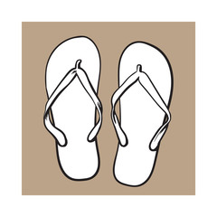 Pair of flip flops, summer time vacation attribute, slippers, shoes, sketch style vector illustration isolated on brown background.