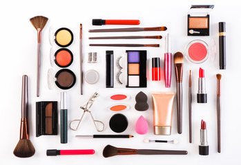 Makeup cosmetics tools and essentials, flat lay on white background