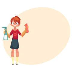 Teenage girl helping to clean the house, holding sprinkler and cloth, cartoon vector illustration with place for text.