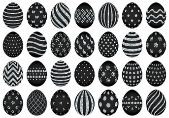 Set Easter Eggs Pattern Silver Glitter Black