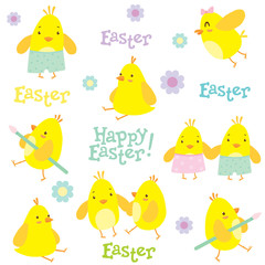 Easter holiday pattern. Little cute chickens, holiday decorations and Happy Easter lettering. Vector illustration.