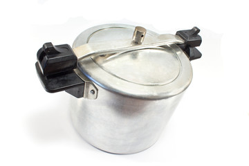 High pressure aluminum cooking pot isolated on white