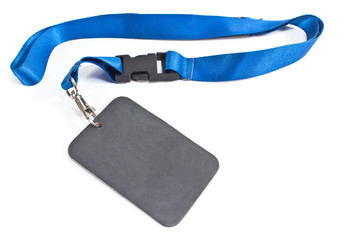 Blank ID card tag with blue ribbon  isolated on white