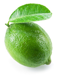 Ripe lime fruit with leaf on the white background.