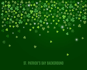Sparkling clover shamrock leaves isolated on dark green background. Abstract St. Patrick's day background for your greeting cards design or website. Vector illustration