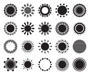 Set of monochrome simple suns isolated on white background. Weather icon, shape, label, symbol for your design. Graphic design element for logo, web and print. Vector illustration