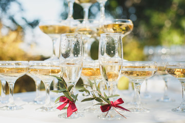 Beautiful hill with champagne at the Banquet for the newlyweds.