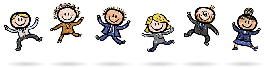 Sammlung: Geschäftsleute beim Freudensprung / Kreidezeichnung, farbig, Vektor, freigestellt