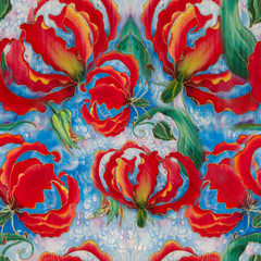 Gloriosa. Flowers and leaves.Batik.  Seamless pattern.  Wallpaper. Seamless pattern.  Use printed materials, signs, posters, postcards, packaging.