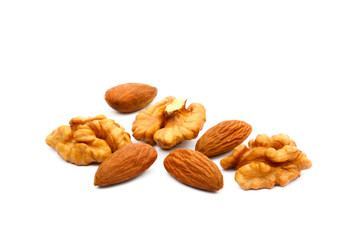 Almond and walnut isolated on white background