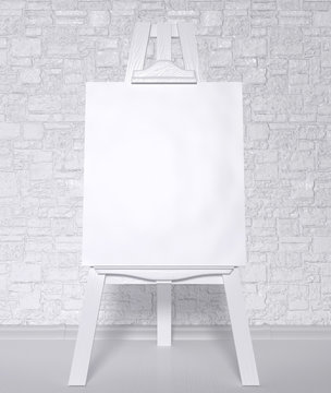 Vintage retro wooden easel artist's with blank canvas on a brick wall background. 3d