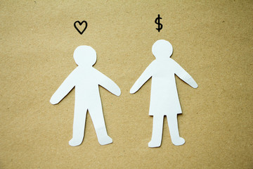 Man and woman thinking different of love and money.