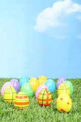 colorful easter eggs in the grass