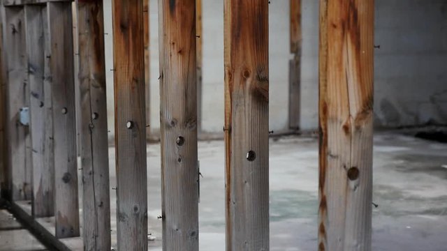 Exposed wall framing in a rundown building
