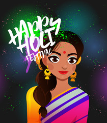 Happy Holi lettering card design. Beautiful Indian woman on the night sky with colored lanterns glow.