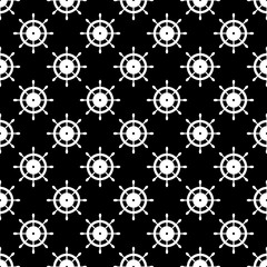 Vector seamless pattern with steering wheel. Symmetrical background, nautical theme. Graphic illustration. Template for wrapping, backgrounds, fabric, prints, decor, surface Black and white