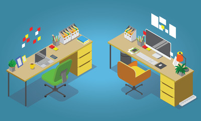 Isometric office concept vector illustration. Workplaces interior set: office table, modern chair, desktop computer, lamp, trash basket books, keyboard.
