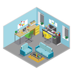 Fototapeta na wymiar Flat 3d isometric abstract office floor interior departments concept vector. Office workspace. Office room.