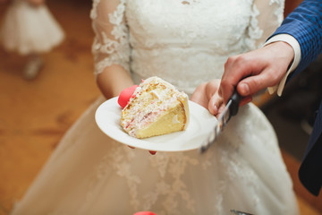 Wedding cake. The bride and groom cut the cake at the Banquet.