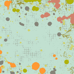 Vector drawn background with frame, border. Grunge template with splash, spray attrition, cracks. Old style vintage design. Graphic illustration.