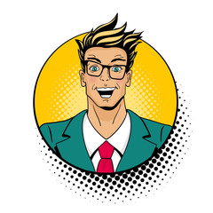 Wow pop art male face. Young handsome surprised man in glasses with open mouth in a circle with halftone. Vector colorful illustration in retro comic style isolated on white background.  - 137208794