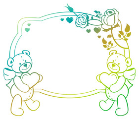 Oval gradient label with outline roses and cute teddy bear holding heart.