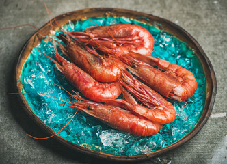 Raw uncooked red shrimps on chipped ice in turquoise blue ceramic tray over grey concrete background, selective focus, horizontal composition. Fresh seafood concept