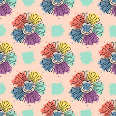 Vector seamless floral pattern with flowers, leaves, decorative elements, splash, blots, drop Hand drawn contour lines and strokes Doodle sketch style, graphic vector drawing illustration