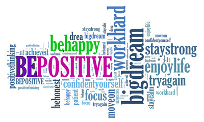 BE POSITIVE and other positive words. Positive thinking, attitude concept.