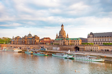 The picturesque view of old Dresden over the river Elbe. Saxony, Germany, Europe.