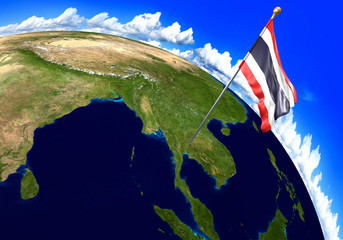 Naklejka premium Thailand national flag marking the country location on world map. 3D rendering, parts of this image furnished by NASA