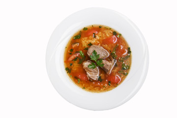 soup kharcho traditional Georgian dish white background top view isolated