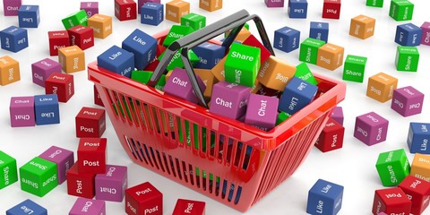Social media words in a shopping basket. 3d illustration