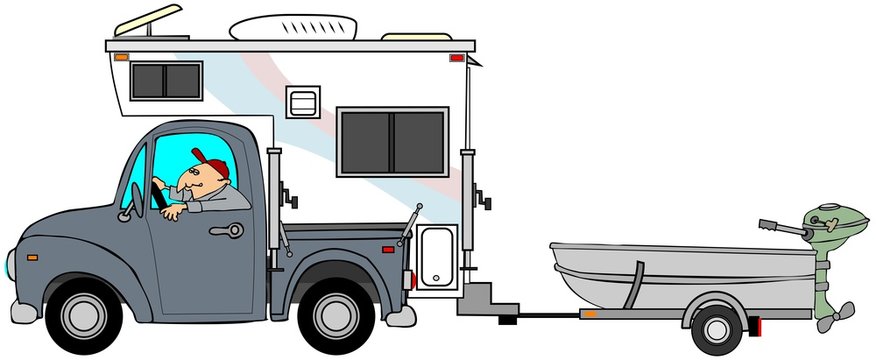 Illustration of a man driving a truck and camper pulling an aluminum fishing boat on a trailer.