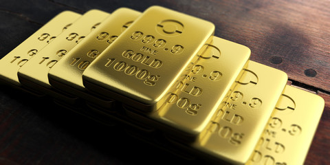 Gold bullion bars on wooden background. 3d illustration