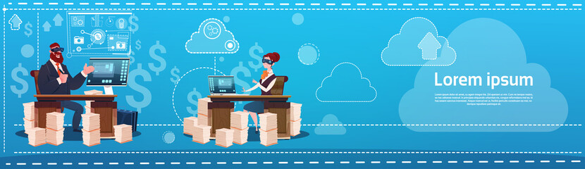 Business Man And Woman Wear Digital Virtual Reality Glasses Sitting Desk Office Working Place Computer Flat Vector Illustration