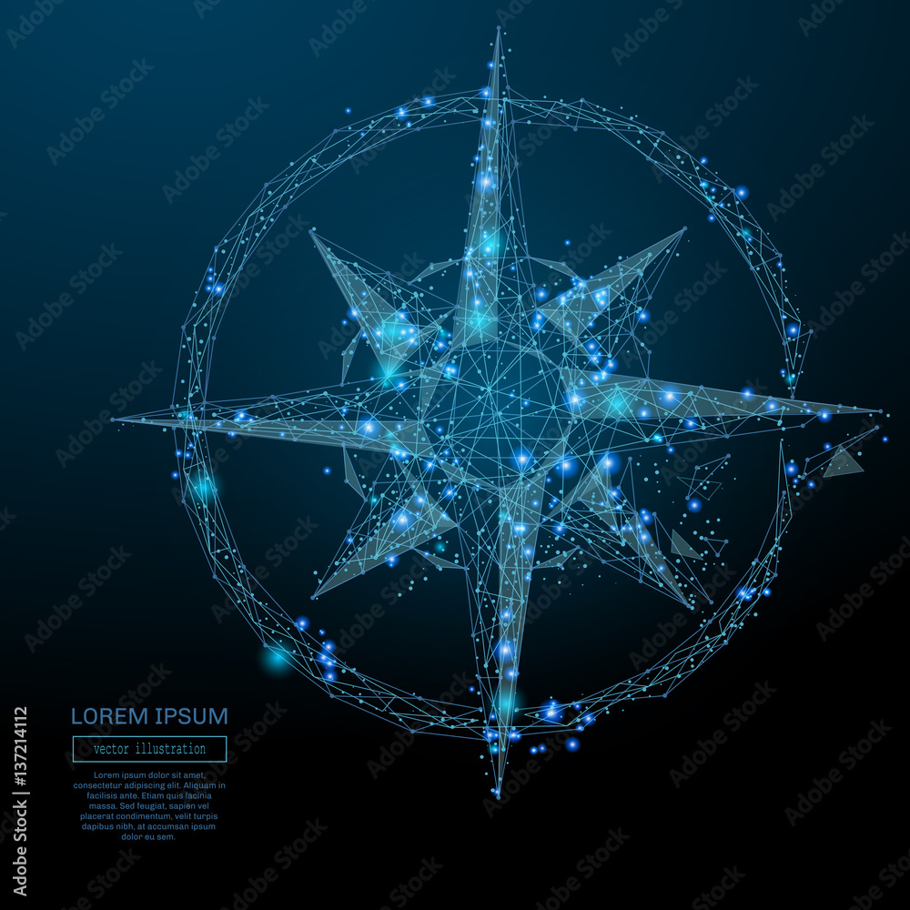 Aufkleber Abstract image of a compass rose in the form of a starry sky or space, consisting of points, lines, and shapes in the form of planets, stars and the universe. Vector business wireframe concept.