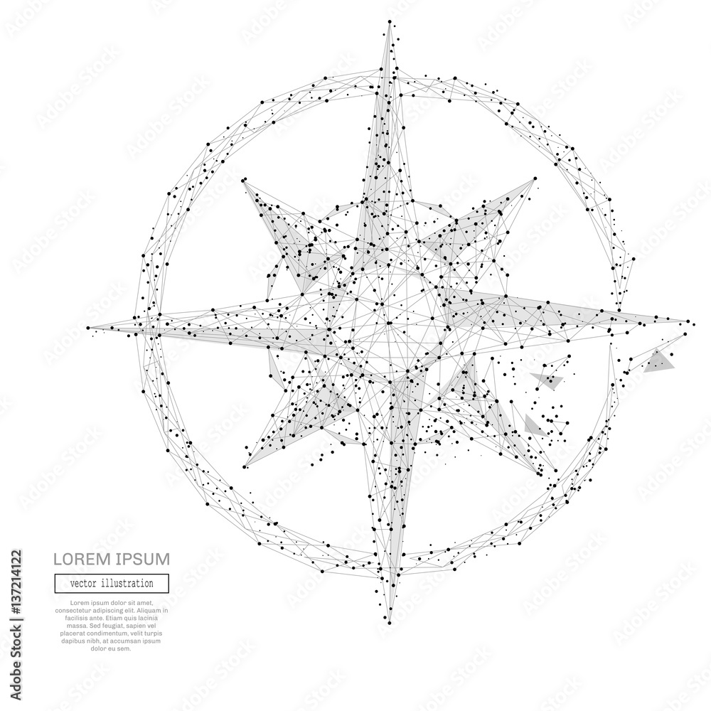 Poster Grey compass rose with polygon line on abstract background. Polygonal space low poly with connecting dots and lines. Connection structure. Vector science background