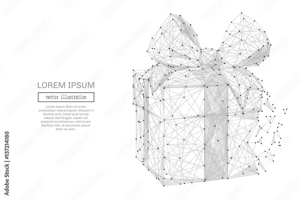 Poster Grey gift with polygon line on abstract background. Polygonal space low poly with connecting dots and lines. Connection structure. Vector science background