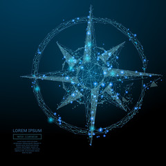 Abstract image of a compass rose in the form of a starry sky or space, consisting of points, lines, and shapes in the form of planets, stars and the universe. Vector business wireframe concept. © AntonKhrupinArt