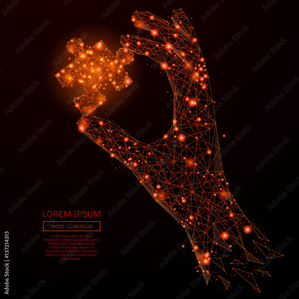 Aufkleber abstract mash line and point hand holding puzzle on background with an inscription. starry sky or sp