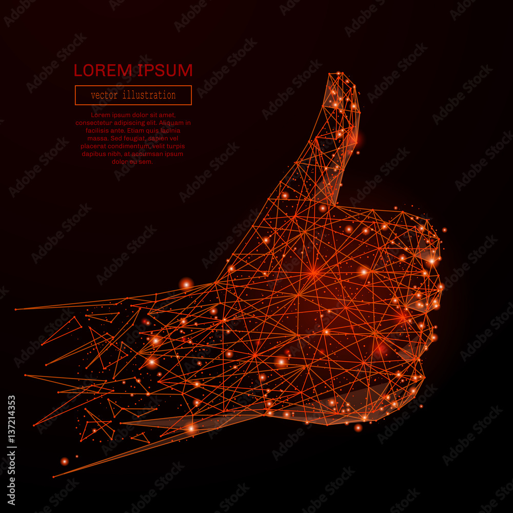 Poster Abstract mash line and point hand Thumb up on background with an inscription. Starry sky or space, consisting of stars and the universe. Vector illustration