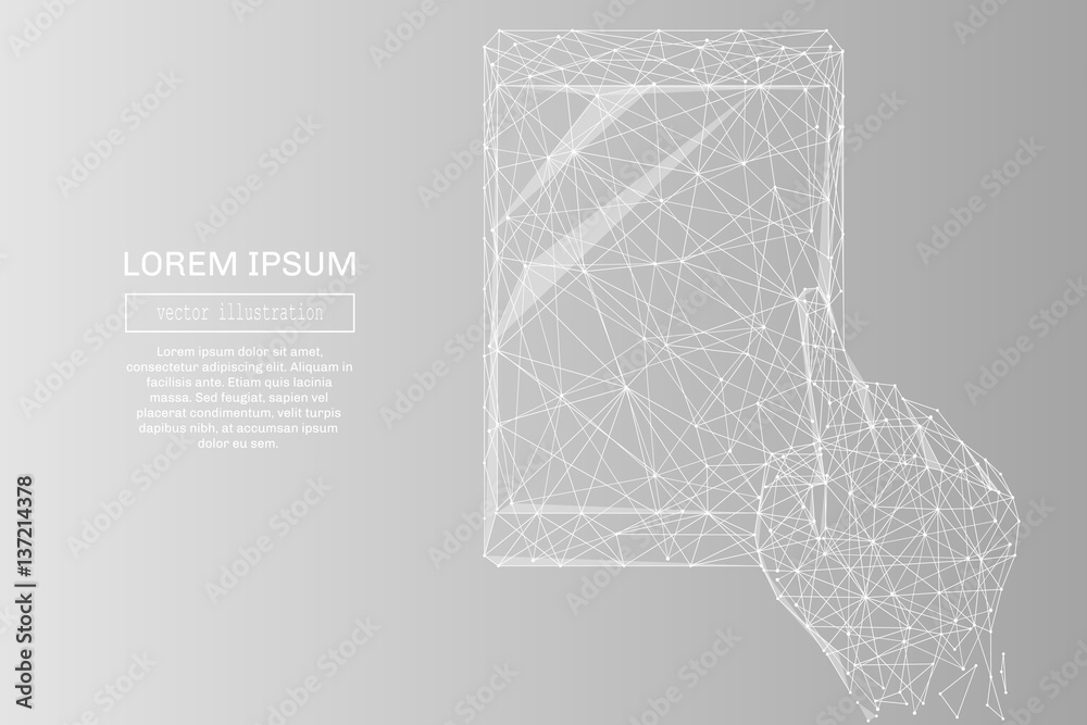 Poster White abstract hand with tablet polygonal, geometry triangle. Light connection structure of coin. Low poly vector on gray background. Connection structure
