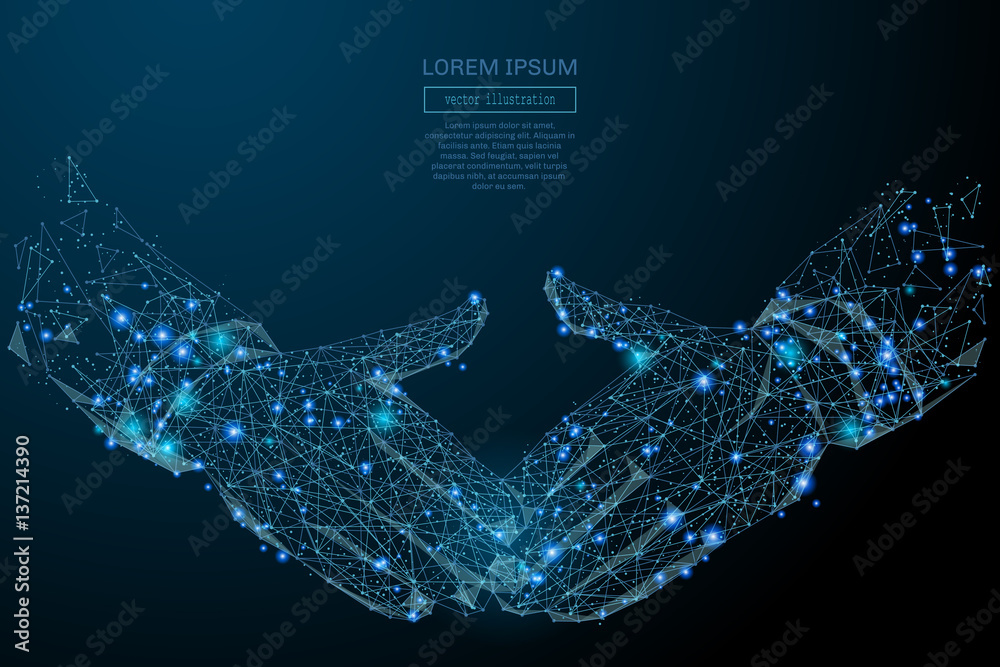 Poster Abstract image of a hand with dollar coin in the form of a starry sky or space, consisting of points, lines, and shapes in the form of planets, stars and the universe Vector business wireframe concept