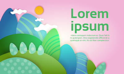Abstract Summer Landscape Cloud Sky With Sun Green Grass Forest Banner Flat Vector Illustration