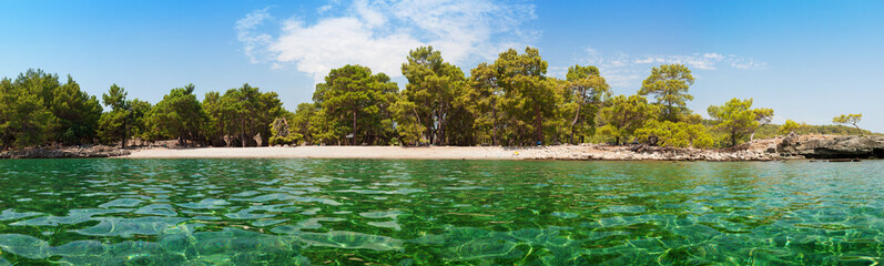 Panoramic view of small bay of ancient city Phaselis. Olympos National Park, Antalya Province, Turkey